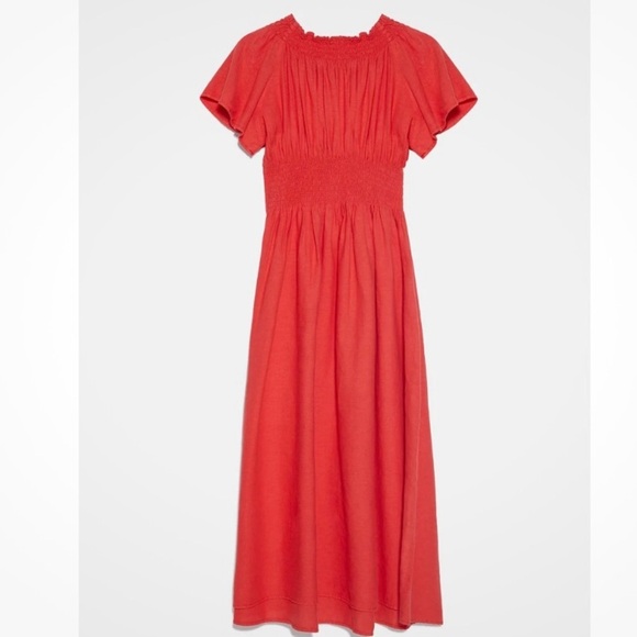 Zara Flowy Flutter Sleeve Linen Blend Midi Knee Length Dress, Coral Red, Size L - Picture 4 of 11